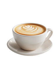 Latte Art Delight: A visually stunning latte is presented in a white ceramic cup, showcasing intricate latte art. It evokes a sense of warmth and a moment of refined enjoyment.