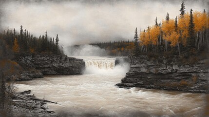 Autumnal Waterfall in the Canadian Wilderness: A Breathtaking Cascade