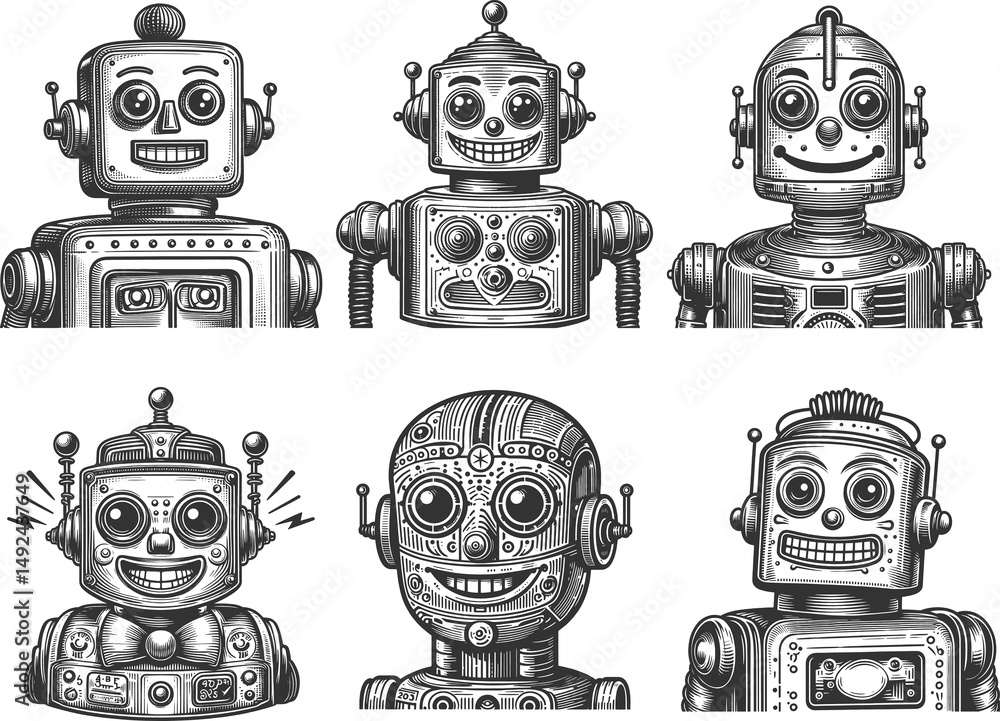 Poster happy and expressive retro robots set collection bundle sketch engraving generative ai raster illust