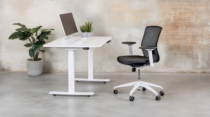 Modern Ergonomic Workspace: White Standing Desk & Mesh Office Chair