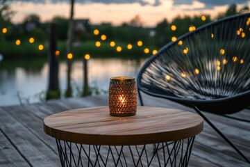 Outdoor patio scene with warm lighting and a small table.