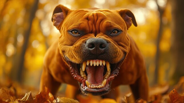 Aggressive dog in autumn foliage
