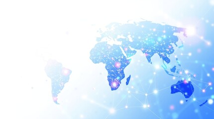 Fototapeta premium Global network connection, digital world map, glowing lights, bright background, technology
