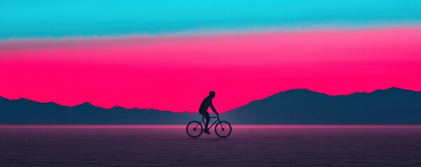 Obraz premium A cyclist rides under a vibrant pink and turquoise sunset, embracing adventure.