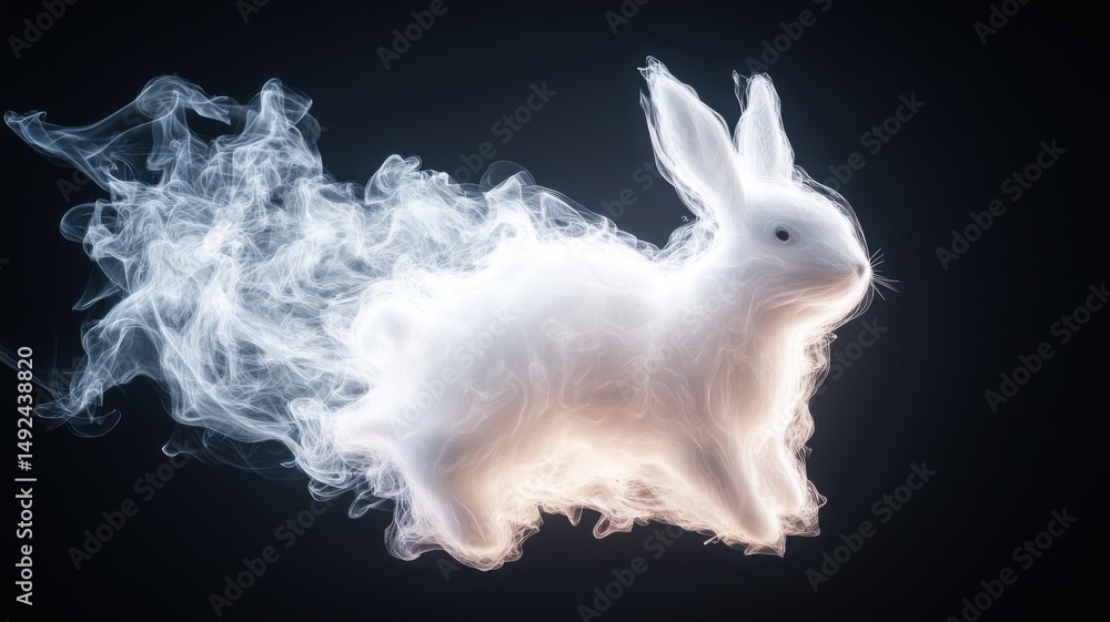 Poster abstract smoke rabbit running on dark background rabbit smoke abstract running fantasy ethereal fast
