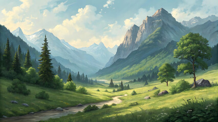 Fototapeta premium Detailed Landscape of Lush Green Valley Mountain Peaks Blue Sky White Clouds Coniferous Trees Deciduous Trees