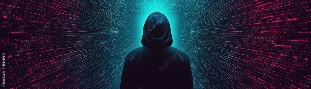 Poster a mysterious figure in a hoodie stands against a digital backdrop of code and light.