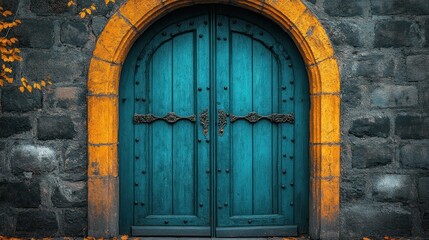 Aged teal wooden arched doorway