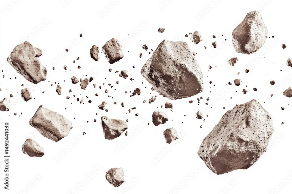 Poster asteroid field floating in space isolated on white background studio shot science fiction concept