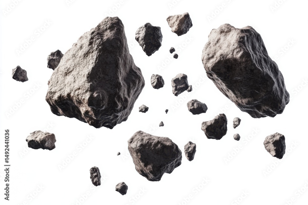 Poster asteroid field floating in space on white background isolated concept shot space exploration