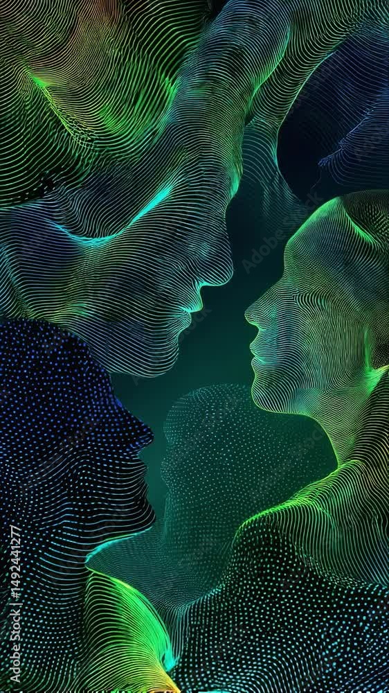 Poster luminous particle lines dynamically merging, forming ethereal human faces representing digital commu