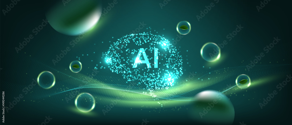Poster futuristic ai concept with eco-friendly theme. abstract glowing particles form a brain shape with “a