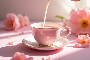 Fototapeta premium Elegant cup with pouring pink Ayurvedic drink made from shatavari, rose petals, almond milk, cardamom, soft pastel floral background, feminine healing wellness theme with natural light