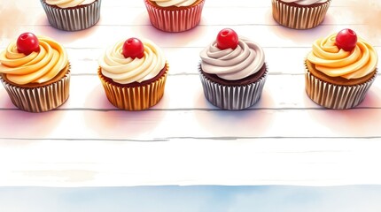 Colorful cupcakes, bakery, wood table, sunlight, dessert, food photography, website banner