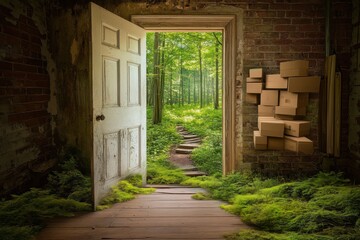 Open Doorway to Forest Path Perspective from Abandoned Room with Stacked Boxes and Mossy Floorboards