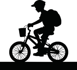 Fototapeta premium Silhouette of children playing outdoor, riding bicycle in a park, vector style for family concept