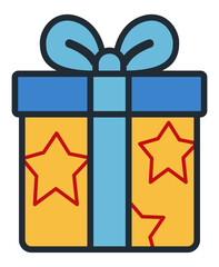 A cute illustrated gift box with a blue ribbon and stars with flat style