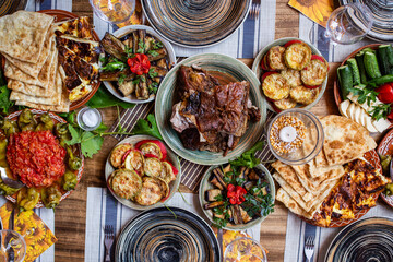 Overhead view of a table Laden with Traditional Eastern European Dishes. Moldova, Romania, Bulgaria.