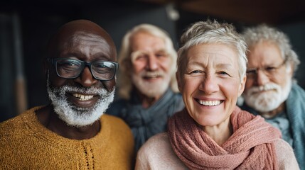 Senior adults group portrait smiling together happy diverse elderly friends community aging friendship lifestyle