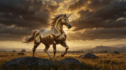 Golden Unicorn Galloping Majestically Across a Sun-Drenched Mythical Prairie at Dusk