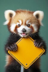 Fototapeta premium Cute baby animal red panda hold in front paws a design draft - large yellow zoo sign. Isolated baby animal on a solid uniform green background. Sign pose studio pet. Adorable studio smile.