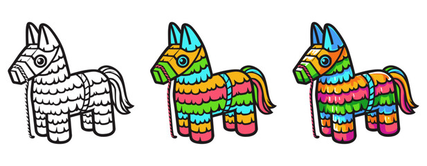 Three cute pinata horse designs with black and white, colored and another colored version.