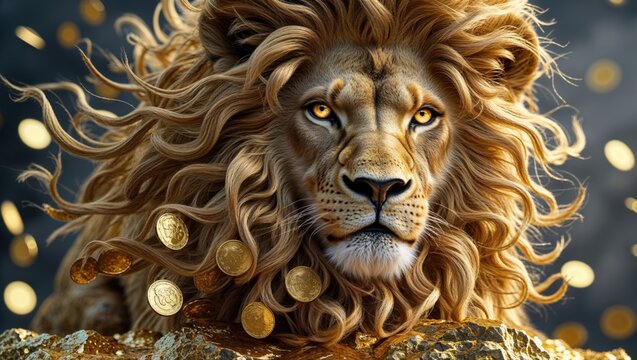 Golden-Maned Lion Amidst Cascading Coins: A Regal Emblem of Opulence and Power