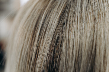 Macro close-up of straight light brown female hair. Smooth, healthy, and shiny texture. Ideal concept for hair care, beauty treatments, hair products, and natural hair background.
