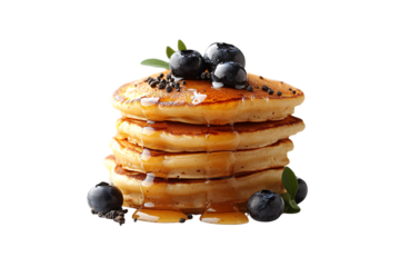 Fluffy golden pancakes stacked high, topped with fresh blueberries, syrup dripping down, garnished with herbs, isolated on a transparent background