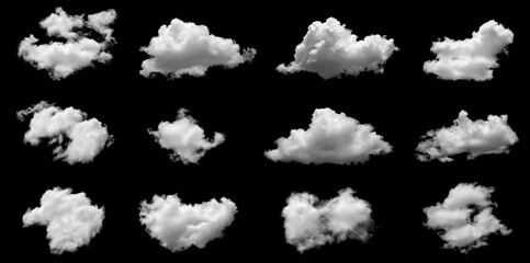 Isolated cloud collection on black background. Set of different types of clouds. Cloud design....