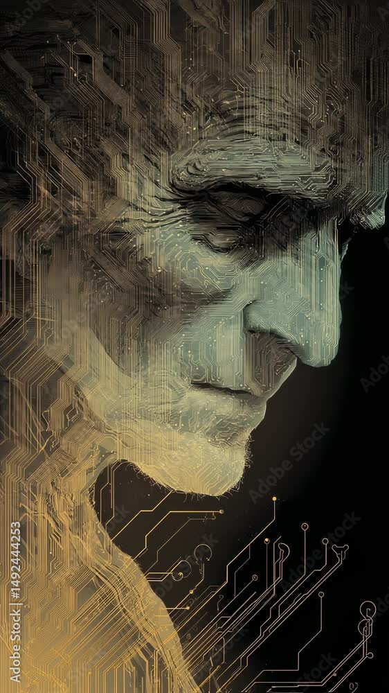 Poster artificial intelligence concept art featuring a thoughtful elderly man superimposed with golden circ