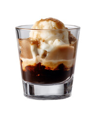 Indulgent Affogato Delight: A refreshing affogato dessert featuring a scoop of creamy ice cream gracefully immersed in a rich, dark shot of hot espresso, creating a delightful harmony of flavors