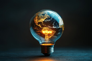 Light bulb shaped like planet Earth illuminates with a warm glow against dark backdrop