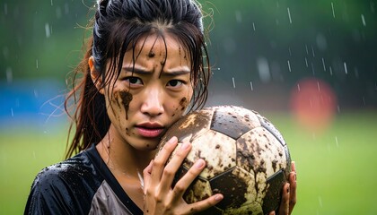 Naklejka premium Japanese female soccer player clutching a muddy ball with a fierce glare in the rain