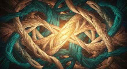 Abstract Intertwined Threads Golden and Teal Fiber Art Background