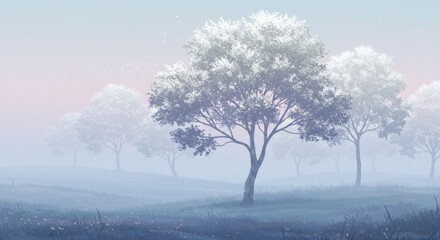 Serene Misty Meadow Landscape Dreamlike Trees and Soft Light at Dawn