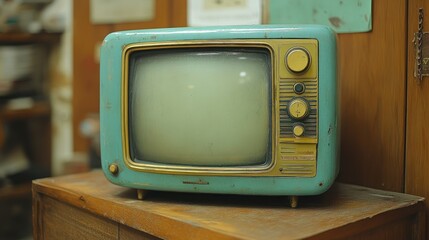 Antique mint green vintage television on wooden cabinet
