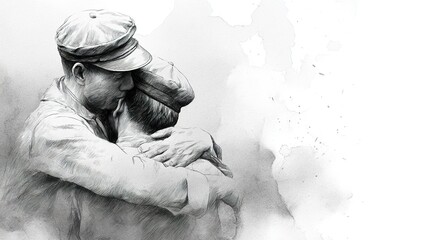 A Father's Embrace: Warm Ink Wash Illustration for Father's Day. High quality
