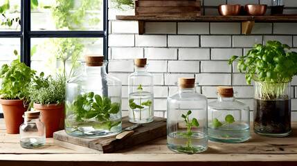 products in glass bottles with natural ingredients on a kitchen counter