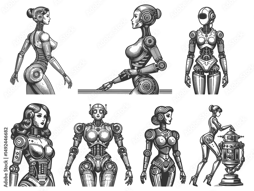 Poster futuristic female robots with mechanical designs, retro sci-fi themes and creative tech concepts set