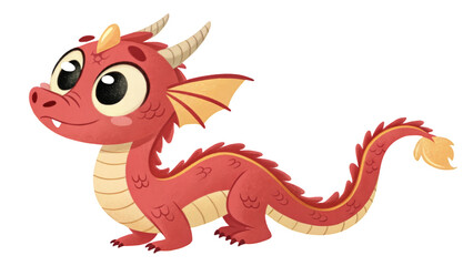Fototapeta premium Cute red cartoon baby dragon with big eyes, yellow wings, horns and tail, fantasy reptile creature in side profile, isolated on white 