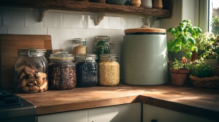 Rustic kitchen countertop with jars of food and herbs in natural light home cooking and storage ideas