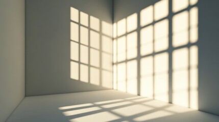 Interior room corner with window light casting geometric shadows on walls and floor in minimalist style studio apartment