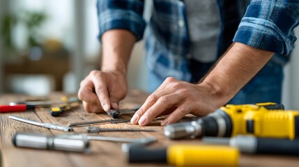 Man working on diy project with tools on wooden table home improvement and repair handyman service concept