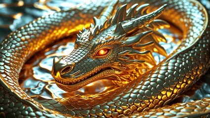 Majestic Golden Serpent Dragon Coiled in Shimmering Metallic Scales with Fiery Eyes