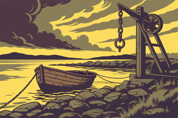 147 a dramatic seascape with a rusted old boat and pulley system sitting on the rocky shore, dramatic cloudy sky with bright sunset colors reflected in the calm water, highly detailed, sharp focus, ci