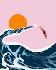 Woman in pink swimsuit dives into wave shaped like hand, against pink background with large orange sun. Contemporary art collage. Concept of summer, vacation, surrealism. Creative design.