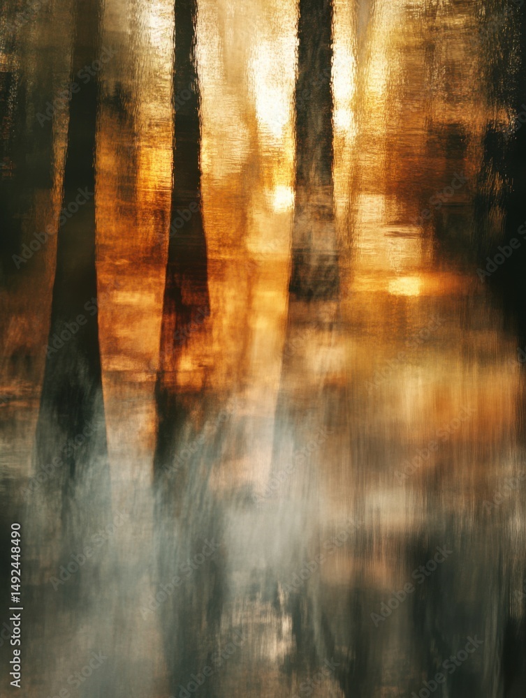 Aufkleber abstract forest scene with blurred trees and golden light creating a dreamy atmosphere in a vertical