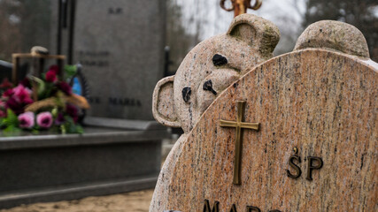 child's tombstone, cross, cemetery, tombstone, death, mourning, teddy bear, sadness, loss of a child