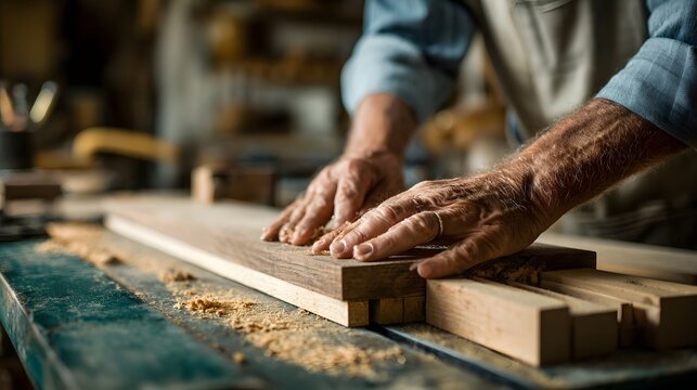 Woodworking project: close up of carpenter hands working with wood in workshop for furniture design